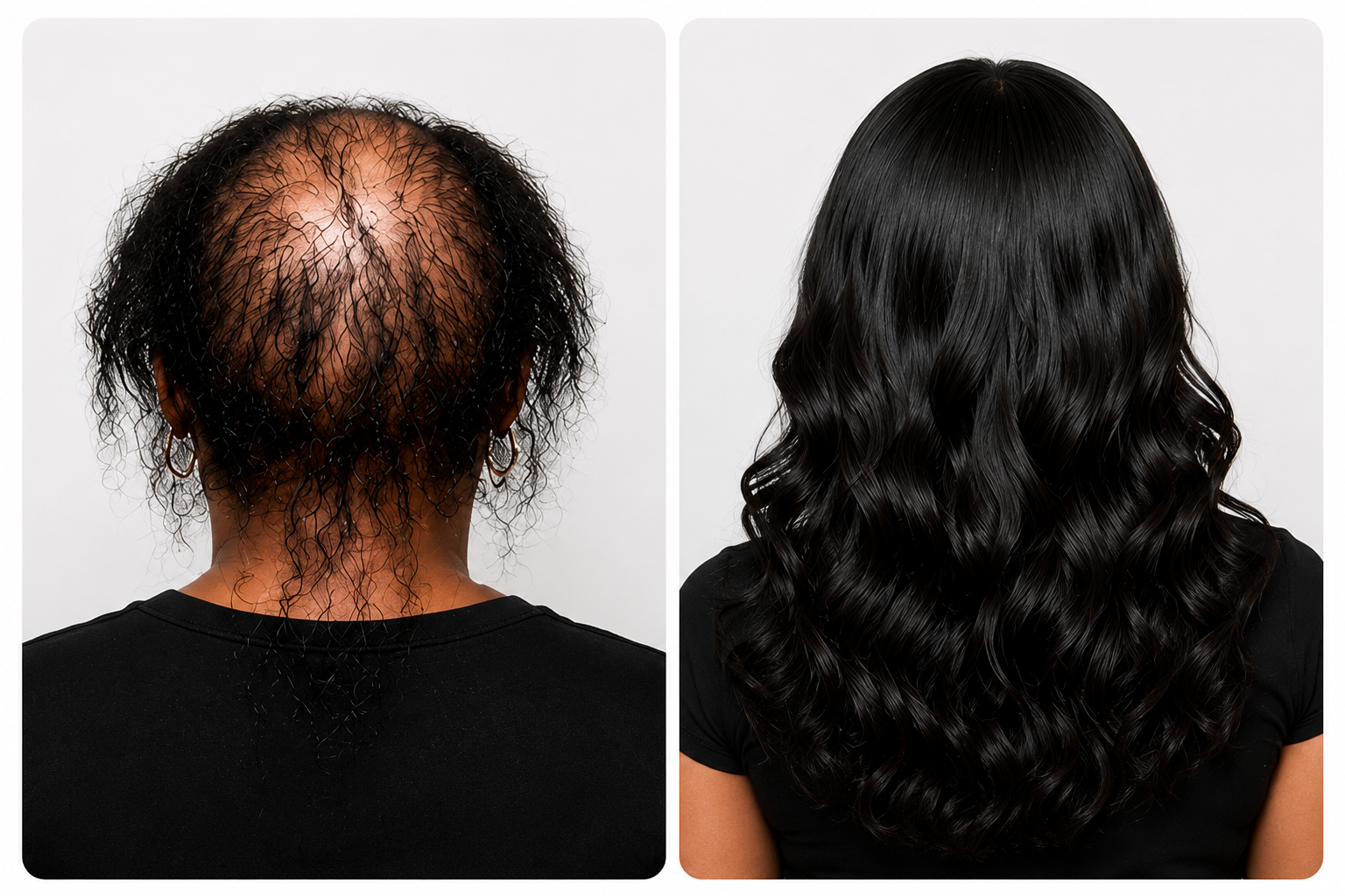 Before and after hair loss transformation using mesh integration and Hair Extensions by LTBHair in Phoenix, Arizona.