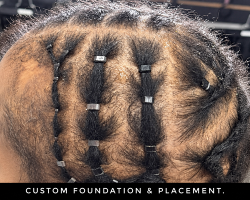 Custom Hybrid Hair Extensions Foundation Detail Phoenix Custom hybrid hair extension foundation and placement detail for temple thinning in Phoenix
